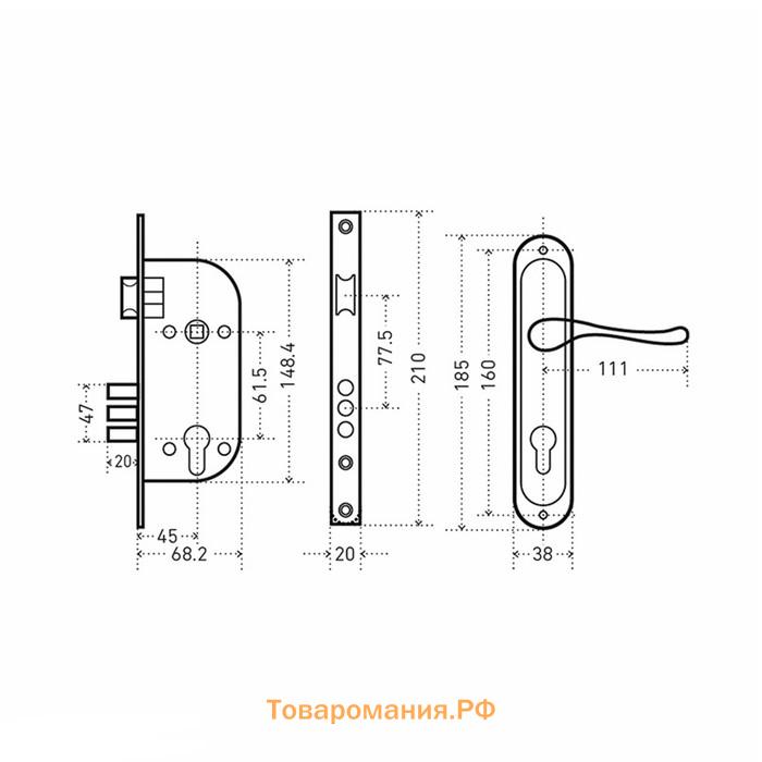 Замок врезной "АЛЛЮР" 103/3-61А AB, с ручкой, цвет старая бронза