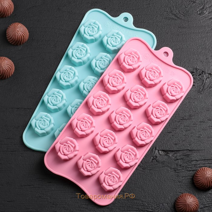 Форма для конфет и шоколада «Розочки», силикон, 20,5×10,5×1,5 см, 15 ячеек (3×3 см), цвет розовый