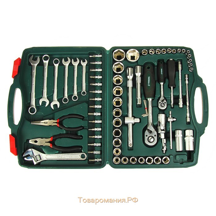 Набор инструментов в кейсе ТУНДРА, автомобильный, CrV, 1/2" и 1/4", 72 предмета