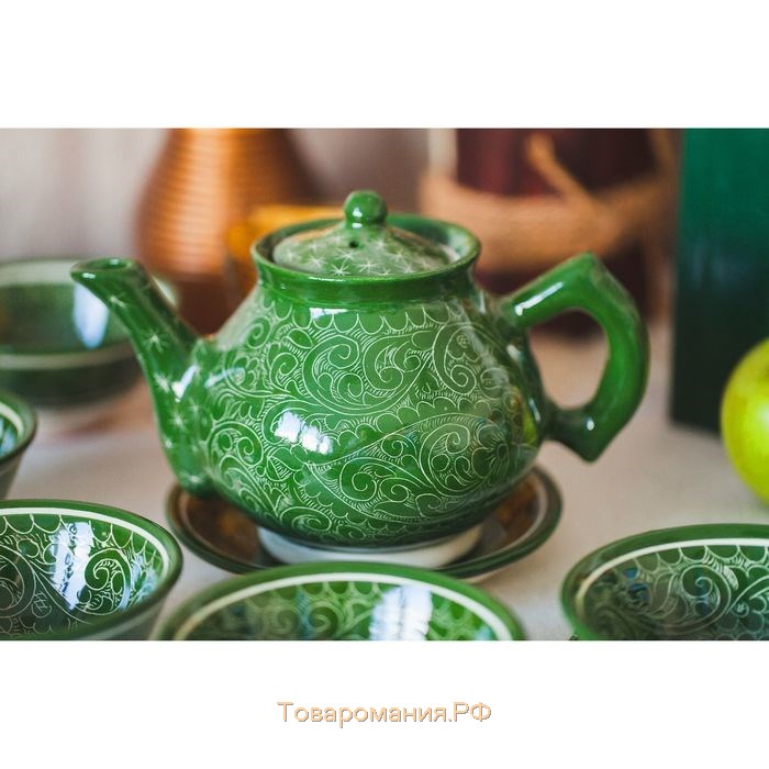 Набор чайный, риштанская роспись, 9 предметов, зелёный: чайник 0.8 л, пиалы 0.3 л