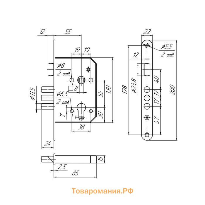 Замок врезной "МЕТТЭМ" ЗВ4 402.0.0 (ЗВ-4-02), без ручки, б/о, без ц/м