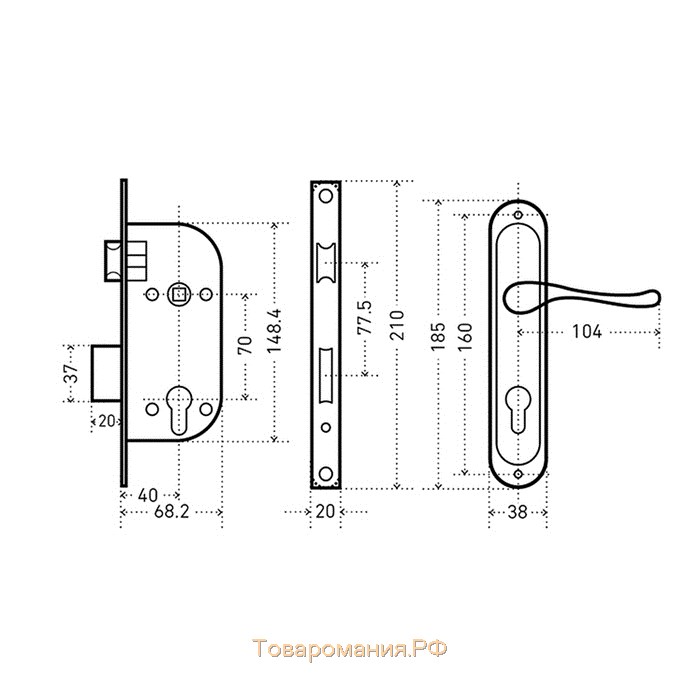 Замок врезной "АЛЛЮР" 127/1 GP, с ручкой, 4 ключа, цвет латунь