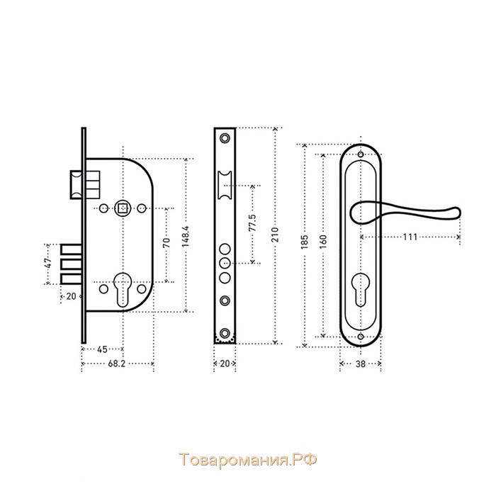 Замок врезной "АЛЛЮР" 132/3 GP, с ручкой, 4 ключа, цвет латунь