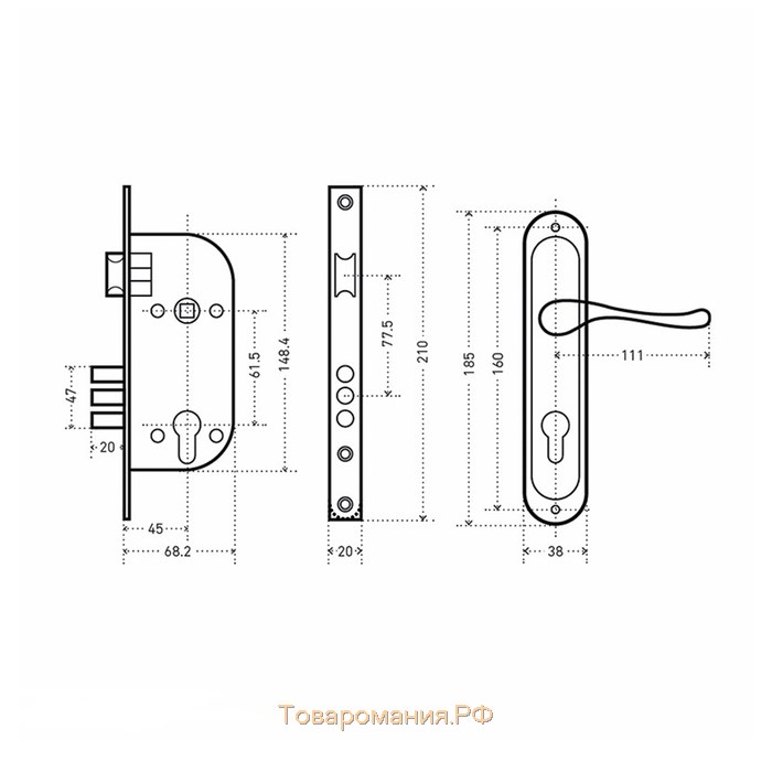 Замок врезной "АЛЛЮР" 132/3-61А(1232) AB, с ручкой, малый корпус, цвет старая медь