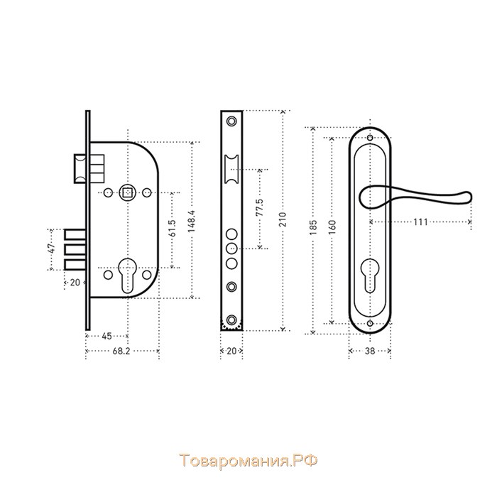 Замок врезной "АЛЛЮР" 132/3-61А(1232) AB, с ручкой, малый корпус, цвет хром