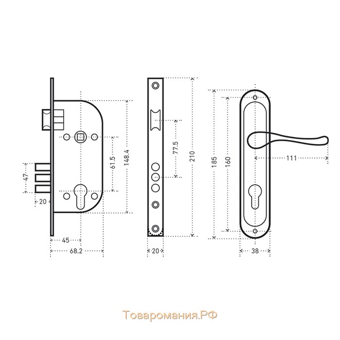 Замок врезной "АЛЛЮР" 132/3-61А(1232)  GP, с ручкой, малый корпус, цвет латунь