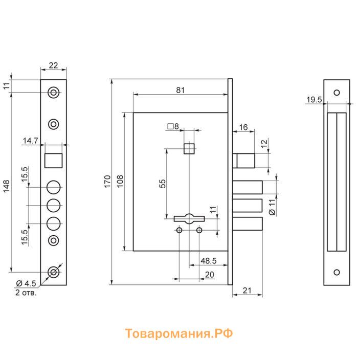 Замок врезной BORDER ЗВ 9-6/13, с ручкой, цвет медный антик