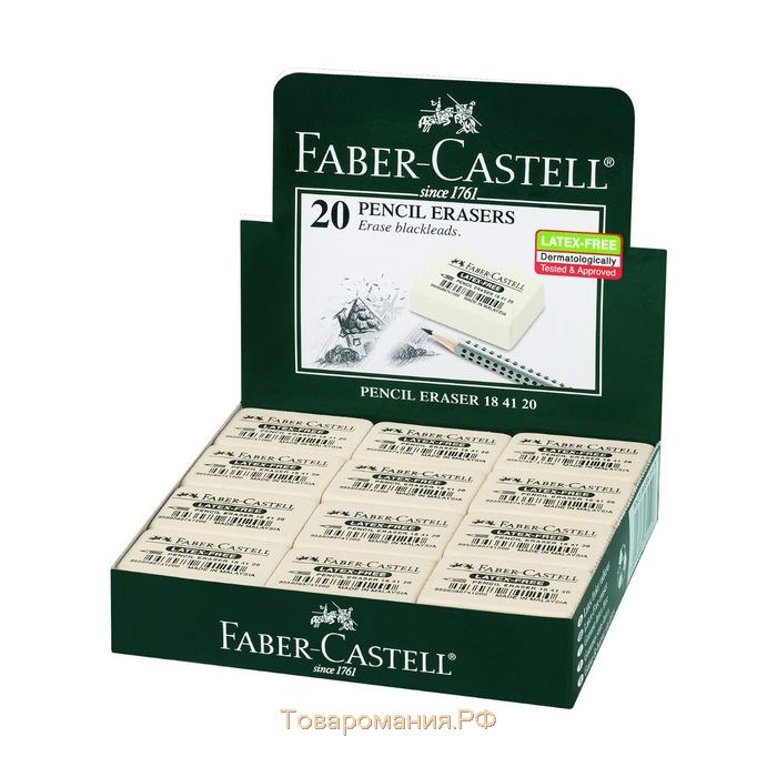 Ластик Faber-Castell, 40 х 27 х 13 мм, каучук, для графитных и цветных карандашей, белый