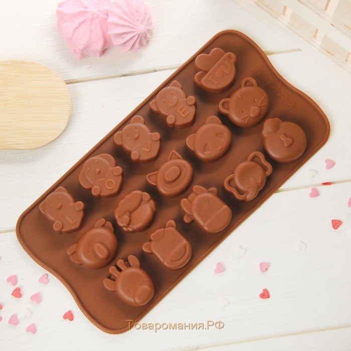 Форма для конфет и шоколада «Животные. Любовь», силикон, 20,6×10,5×1,4 см, 15 ячеек, цвет коричневый