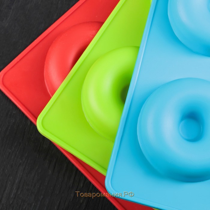Форма для выпечки «Сладости.Пончики», силикон, 29×17 см, 6 ячеек, d=6,8 см, цвет МИКС