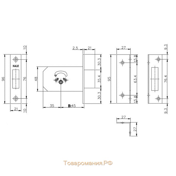 Замок врезной крестообразный KALE 156/F, 45 мм, 3 ключа