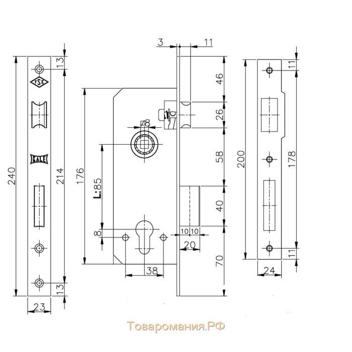 Замок врезной KALE 152/R w/b, под ц/м, 35 мм, цвет латунь