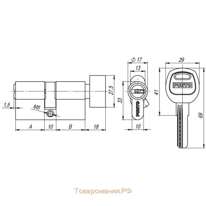 Цилиндровый механизм Punto A202/100 SN, с верт., 40х10х50 мм, 5 кл., цвет матовый никель