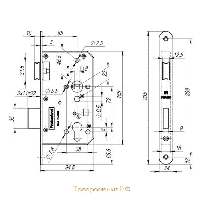 Корпус замка Fuaro FL-0434, для противопожарных дверей