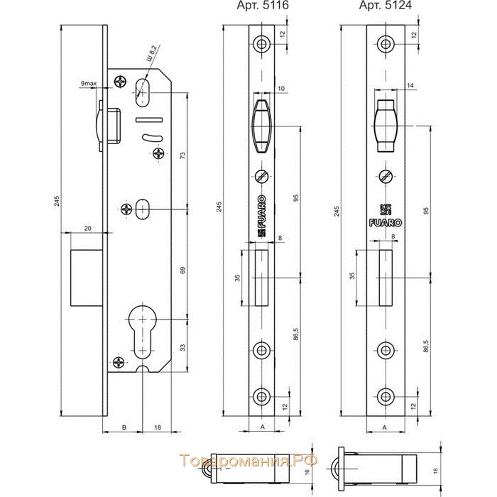 Корпус узкопрофильного замка Fuaro 5116-35 CP, с роликом, цвет хром