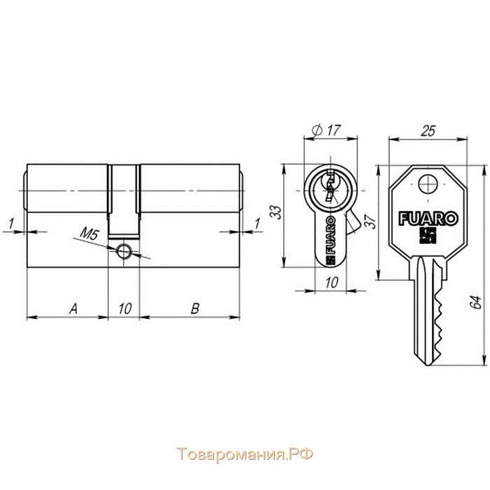 Цилиндровый механизм Fuaro 100 CA 105 (30х10х65) CP, 3 ключа, цвет хром