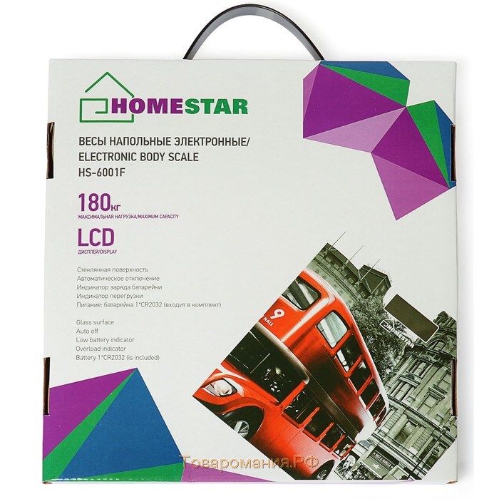 Весы напольные HOMESTAR HS-6001F, электронные, до 180 кг, 1хCR2032, стекло, "Лондон"