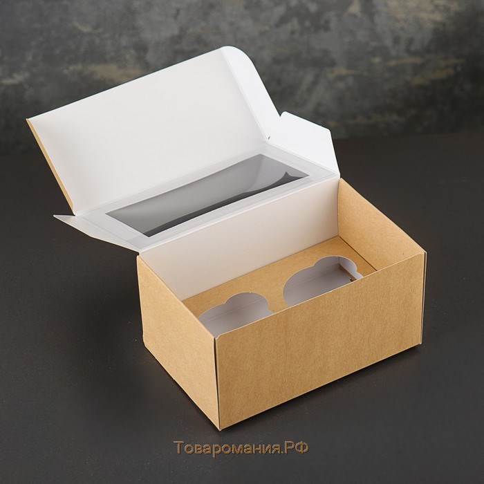 Коробка-моноблок картонная под 2 капкейка, с окном, крафт, 16 х 10 х 8 см