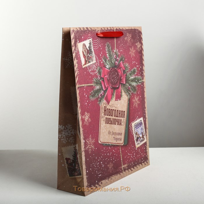 Пакет крафтовый вертикальный «Новогодняя посылочка от Дедушки Мороза», L 31 х 40 х 9 см, Новый год