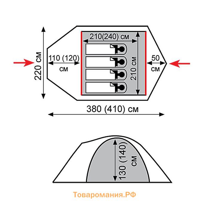 Палатка Mountain 3 (V2), 410 х 220 х 140 см, цвет серый