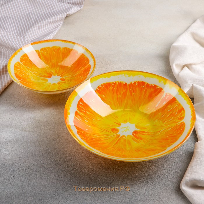 Набор тарелок стеклянных «Сочный апельсин», 19 предметов: 6 десертных тарелок, 6 обеденных тарелок, 6 мисок, салатник