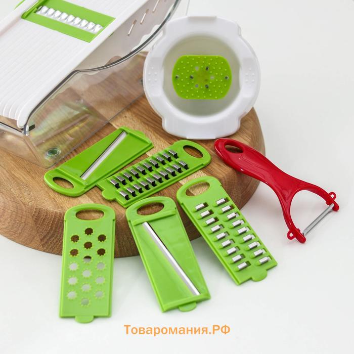 Тёрка с лотком Vegan, 6 насадок, 30×10,5×11 см, цвет зелёный, овощечистка металлическая, цвет красный