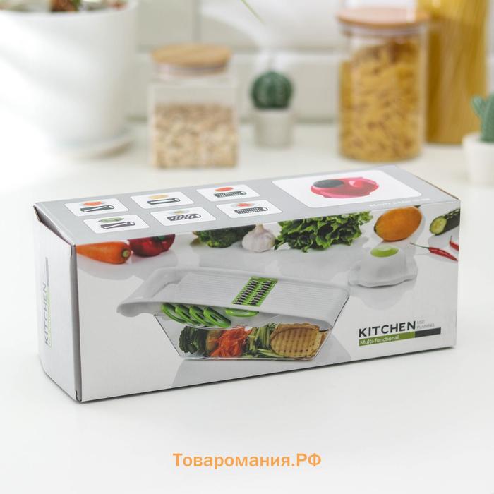 Тёрка с лотком Vegan, 6 насадок, 30×10,5×11 см, цвет зелёный, овощечистка металлическая, цвет красный