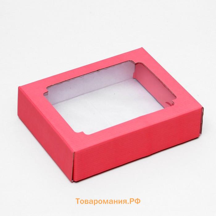 Коробка сборная без печати крышка-дно красная с окном 18 х 15 х 5 см