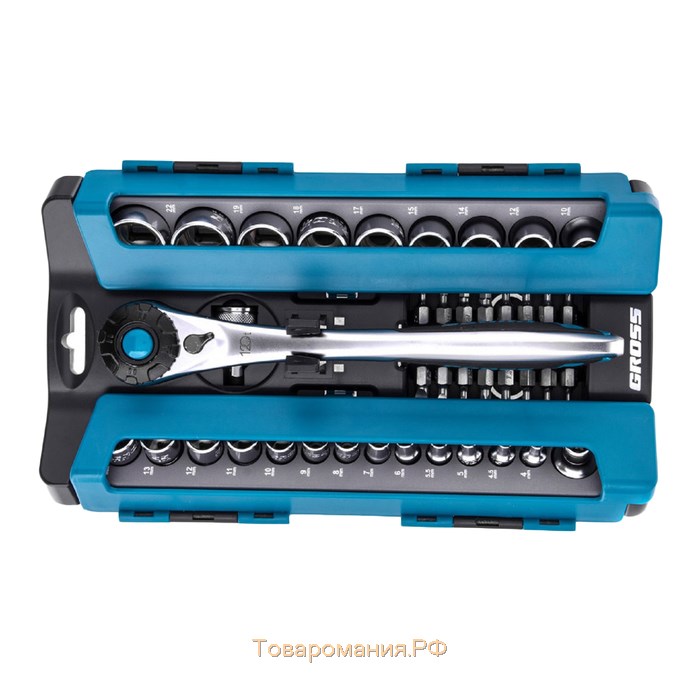 Набор торцевых головок Gross 14143, 41 предмет, трещотка 120 зубьев, 1/2", CrV