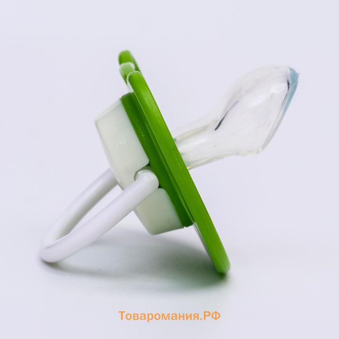 Соска - пустышка силиконовая ортодонтическая «Лягушка», от 6 мес., с колпачком, цвет зеленый