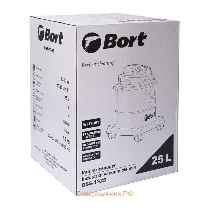 Строительный пылесос Bort BSS-1325, 1300 Вт, 29 л/сек, 25 л, функции выдува и сбора жидкости