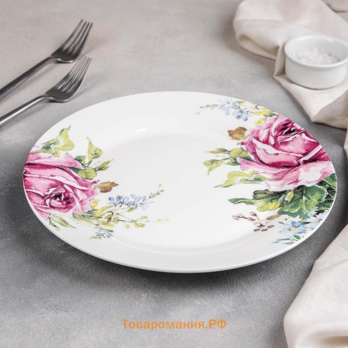 Тарелка фарфоровая обеденная «Роза», d=25,5 см, цвет белый
