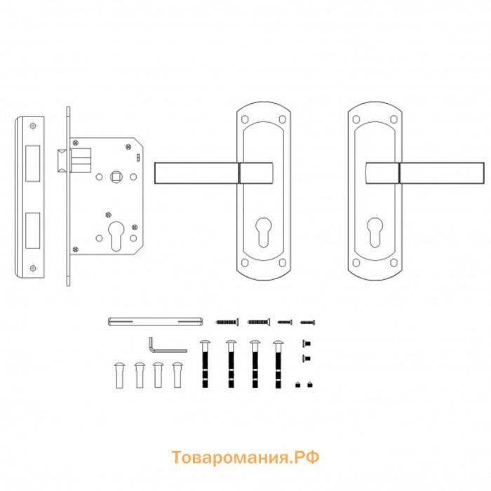 Замок врезной цилиндр., с защёлкой, с ручкой KIT P90 4585/3, цвет матовый никель, хром