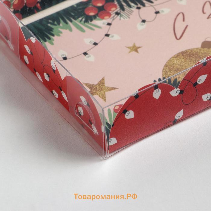 Коробка для кондитерских изделий с PVC крышкой «Гирлянды», 10.5 х 21 х 3 см, Новый год