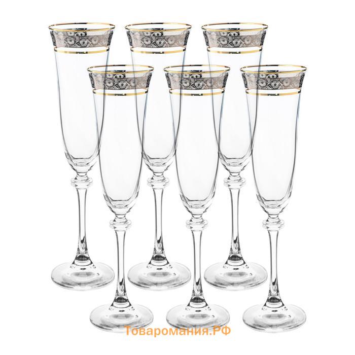 Набор бокалов для шампанского Asio, декор «Панто платина, отводка золото», 190 мл x 6 шт.