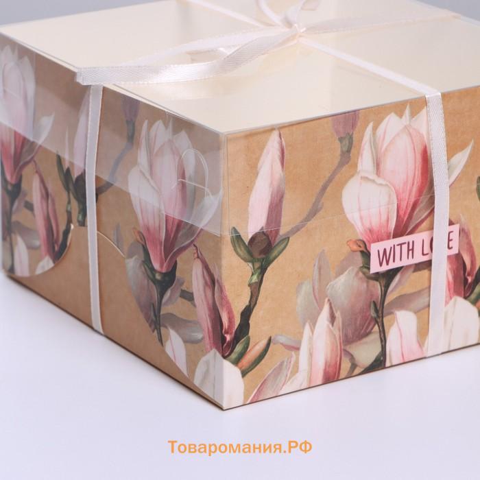 Коробка для капкейка, кондитерская упаковка, 4 ячейки «Магнолии», 16 х 16 х 10 см