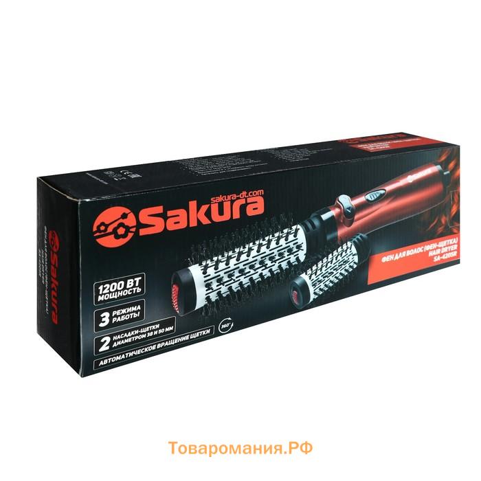 Фен-щетка Sakura SA-4205R, 1200 Вт, 3 режима работы, 2 насадки, защита от перегрева, красная