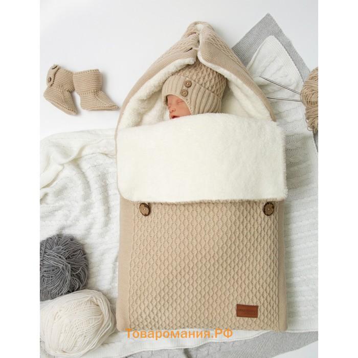 Шапочка на завязках с помпоном детская Amarobaby Pure Love Wool, утеплённая, размер 38-40 см, цвет бежевый