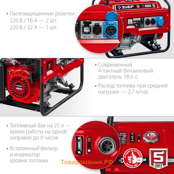 Генератор бензиновый ЗУБР СБ-8000, 4Т, 8000 Вт, 18 л.с., 2х220 В/1х220 В-32 А, ручной пуск