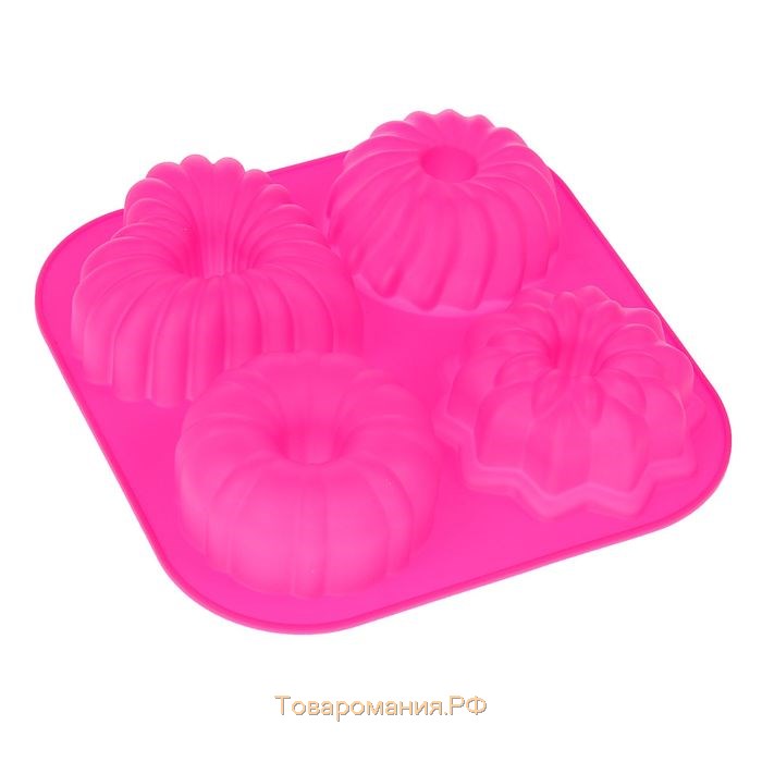 Форма для выпечки «Немецкий кекс», силикон, 17×17 см, 4 ячейки, цвет розовый