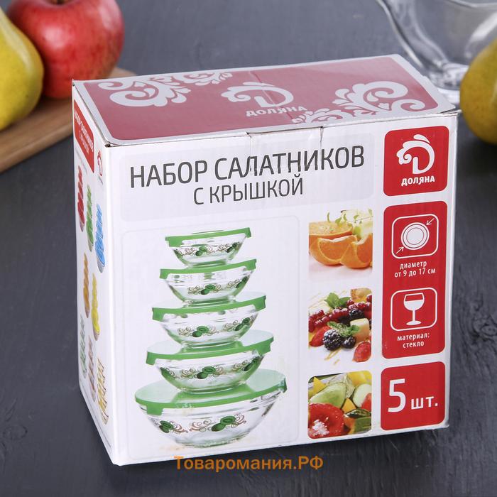 Салатники  «Классика» с крышками, набор 5 шт.: 900/500/350/200/130 мл, стекло, голубые