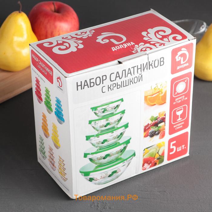 Салатники  «Классика» с крышками, набор 5 шт.: 900/500/350/200/130 мл, стекло, голубые