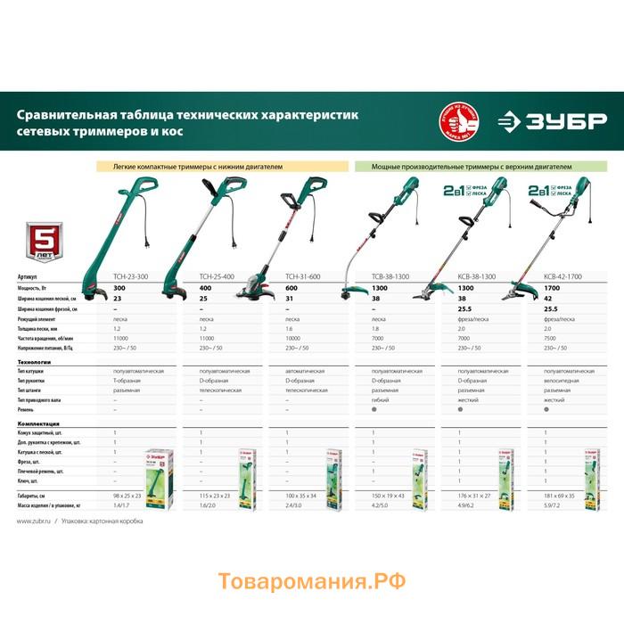 Триммер ЗУБР КСВ-38-1300, 220 В, 1300 Вт, скос 38/25.5 мм, леска 2 мм, М10х1.25 LH