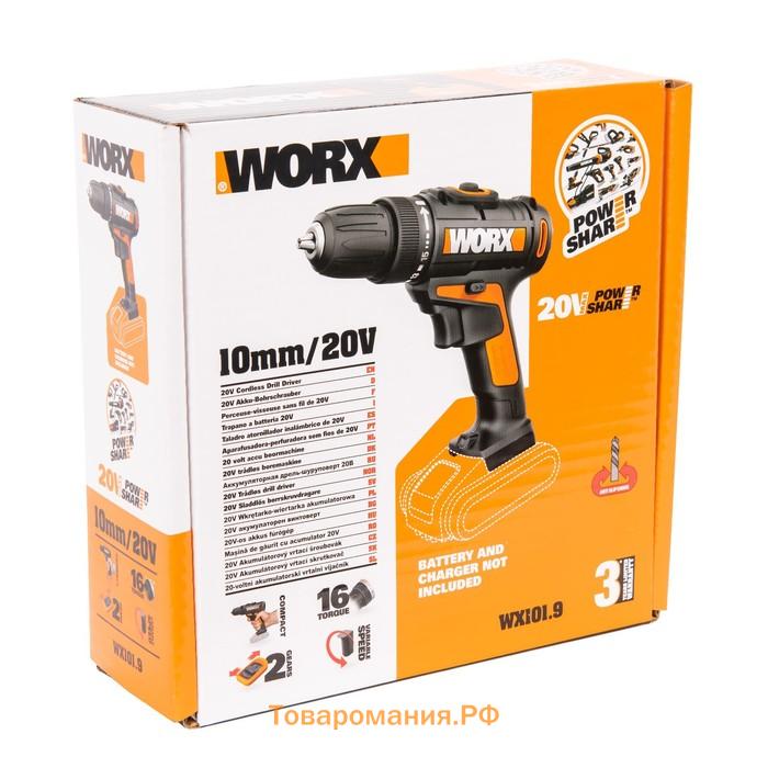 Дрель-шуруповерт аккумуляторная WORX WX101.9, 20 В, 30 Нм, Li-Ion, БЕЗ ЗУ и АКБ