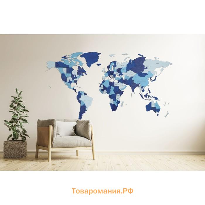 Карта мира деревянная Eco Wood Art Wooden World Map Blue Fantasy, объёмная, трёхуровневая, размер L, 192x105 см, цвет синий