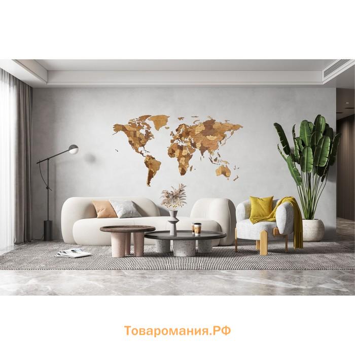 Карта мира деревянная Eco Wood Art Wooden World Map Choco World, объёмная, трёхуровневая, размер L, 192x105 см, цвет шоколадный