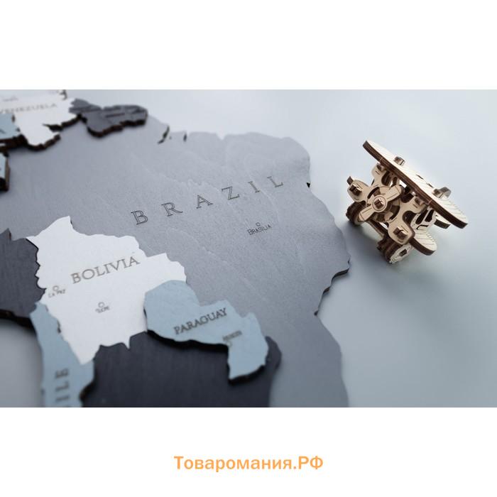 Карта мира деревянная Eco Wood Art Wooden World Map Smoky Dreams, объёмная, трёхуровневая, размер S, 100x55 см, цвет дымчатый