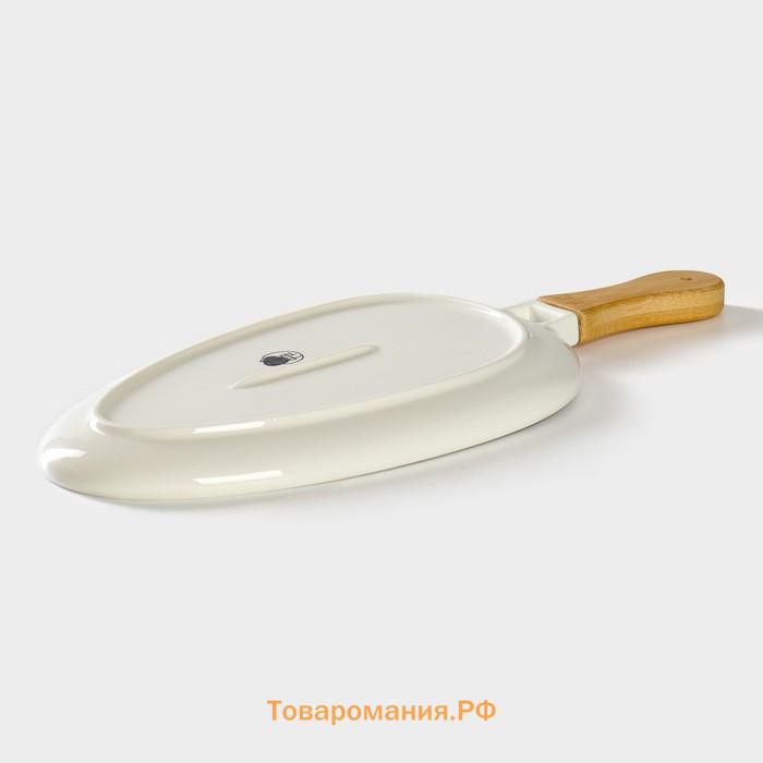 Блюдо для подачи с бамбуковой ручкой BellaTenero, 36.5×16×2 см, фарфор, белое