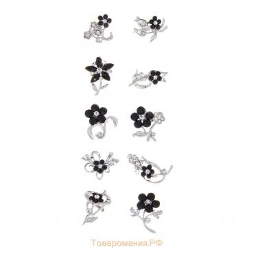 Брошь «Цветы» мини, форма МИКС, цвет чёрно-белый в серебре (неделимая фасовка 12 шт., цена за шт.)