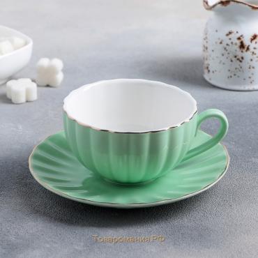 Чайная пара фарфоровая «Вивьен», 2 предмета: чашка 200 мл, блюдце d=15 см, цвет зелёный